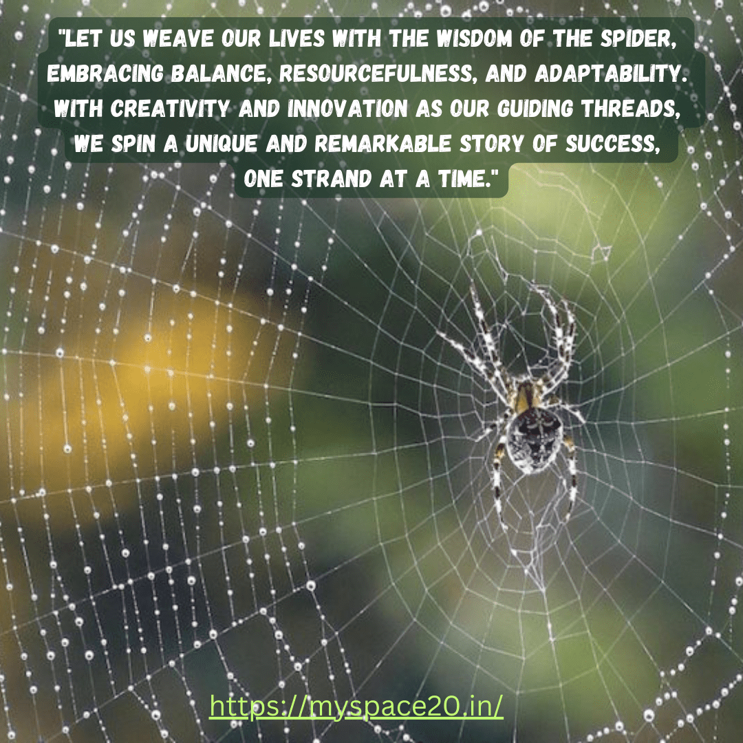 Lessons from spiders for a balanced and resourceful life. Let us weave our lives with the wisdom of the spider, embracing balance, resourcefulness, and adaptability. With creativity and innovation as our guiding threads, we spin a unique and remarkable story of success, one strand at a time.